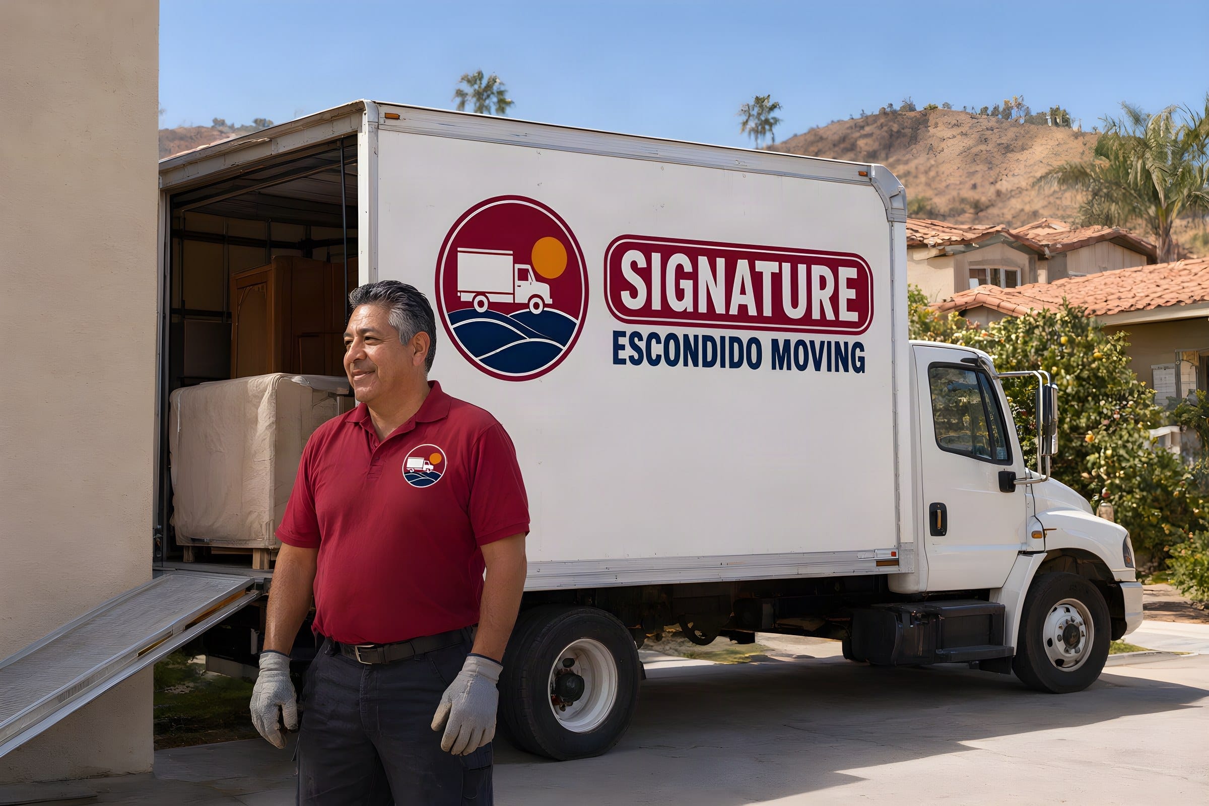 Owner Ray Ochoa in a crimson Signature polo beside our white box truck with its ramp down at a tile-roofed stucco house in Escondido