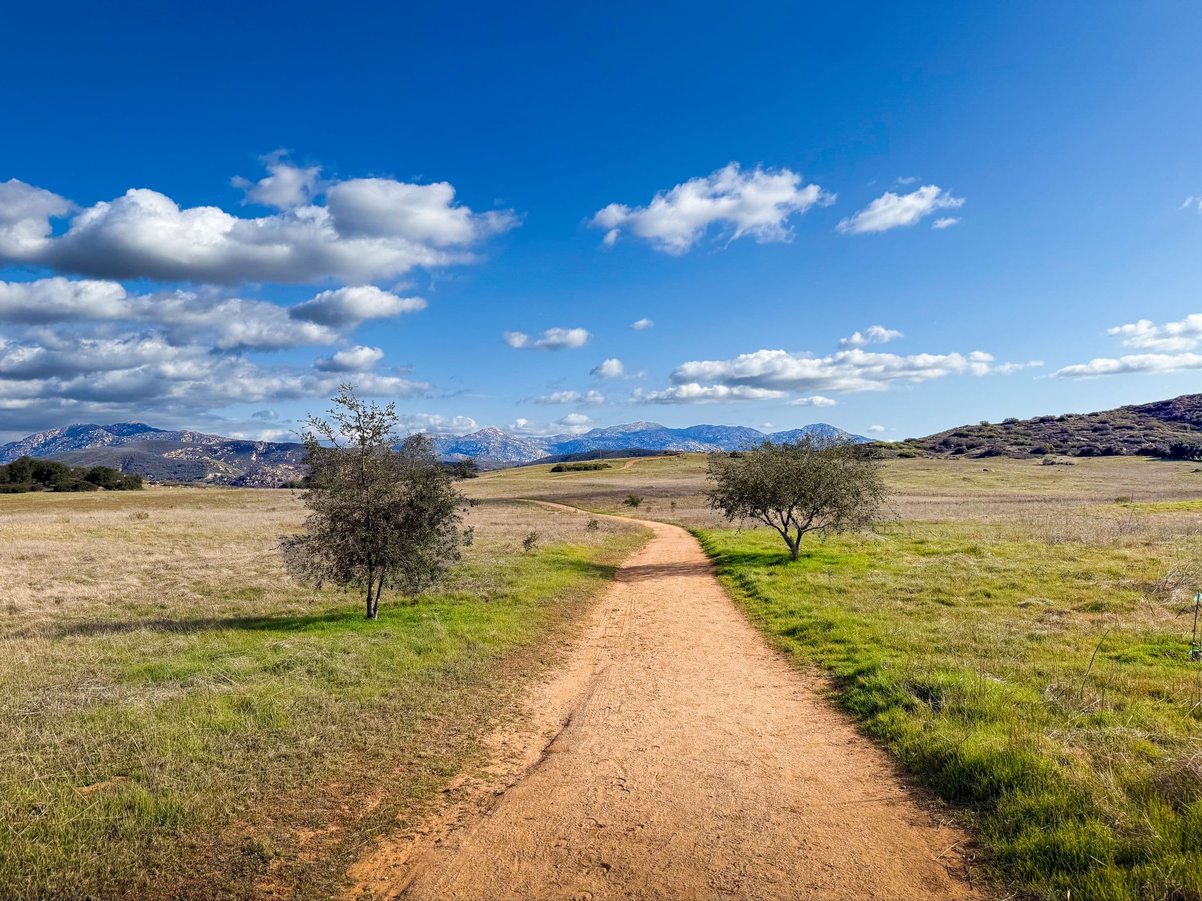 A picturesque landscape in Ramona, California, featuring a winding path through open fields with distant mountains, the kind of North County setting our movers work in around Ramona, CA