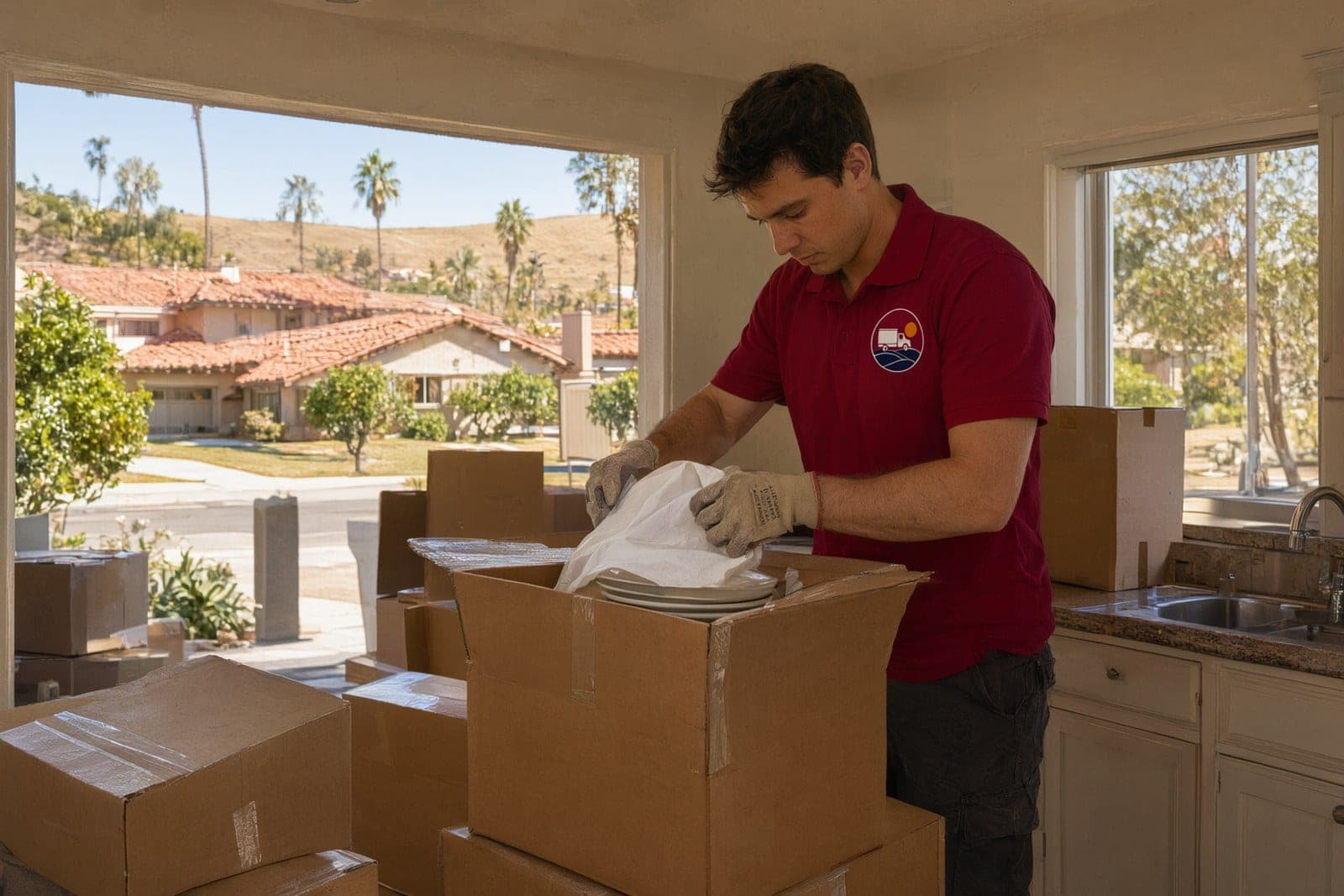 A packer in a crimson polo wraps plates in packing paper and sets them in a dish pack box in a kitchen